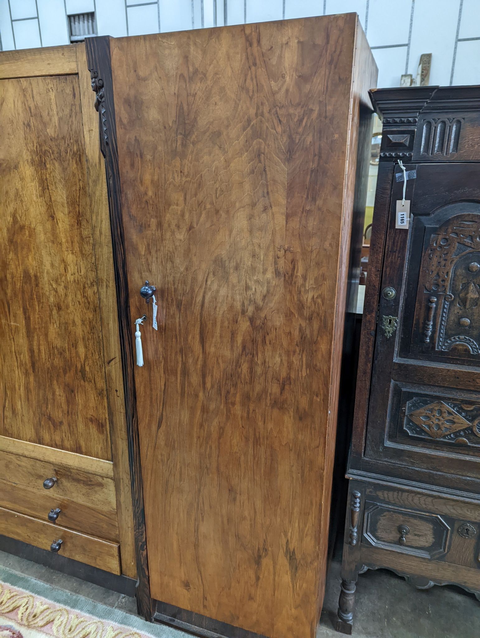 An early 20th century Japanese influence walnut and rosewood compactum wardrobe, length 166cm, depth 59cm, height 183cm